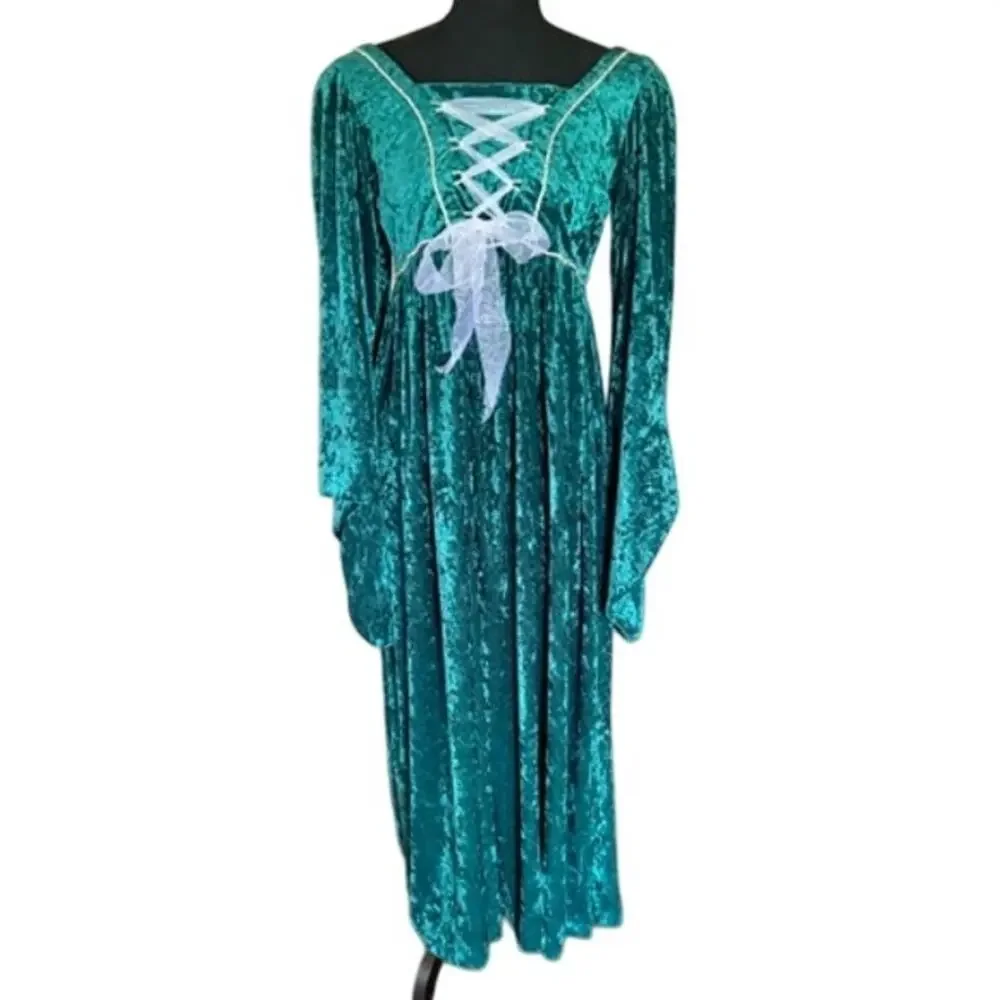 Handmade Renaissance Medieval Style Green Velvet Costume Dress Lace-Up Maxi